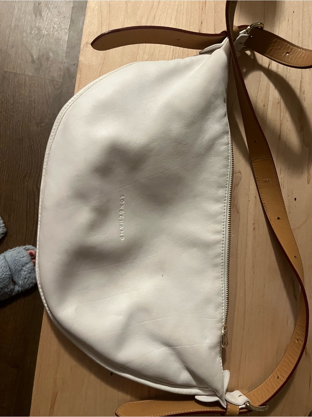 White Crescent Shoulder Bag with Tan Strap - Picture 8 of 11